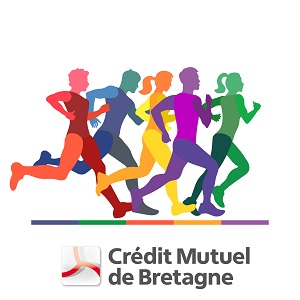 Des silhouettes de femmes et d'hommes surplombent le logo du Crrédit Mutuel de Bretagne et courent ensemble dans la même direction.